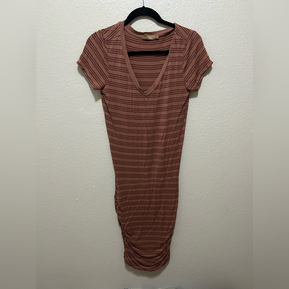 prAna Striped Modal Bodycon Midi Dress Rust Ruched Size Small Slow Fashion